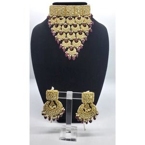 22kt yellow Gold Kundan Polki Diamond Indian Necklace Set (Real Jewelry)